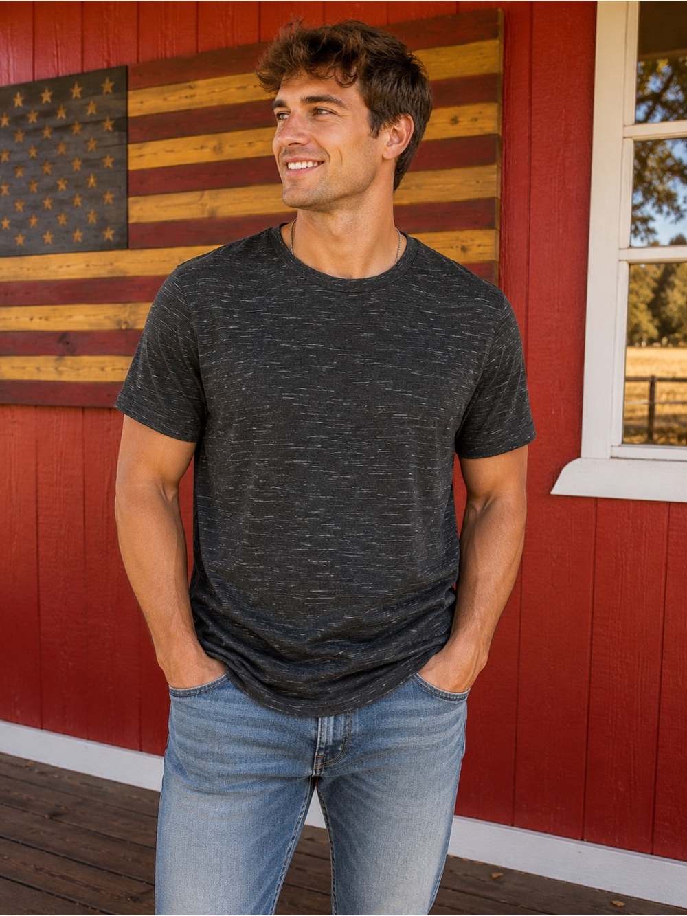 Pull&Bear Charcoal Heathered Crew Neck T-Shirt | Men’s Short Sleeve Slub Tee | X